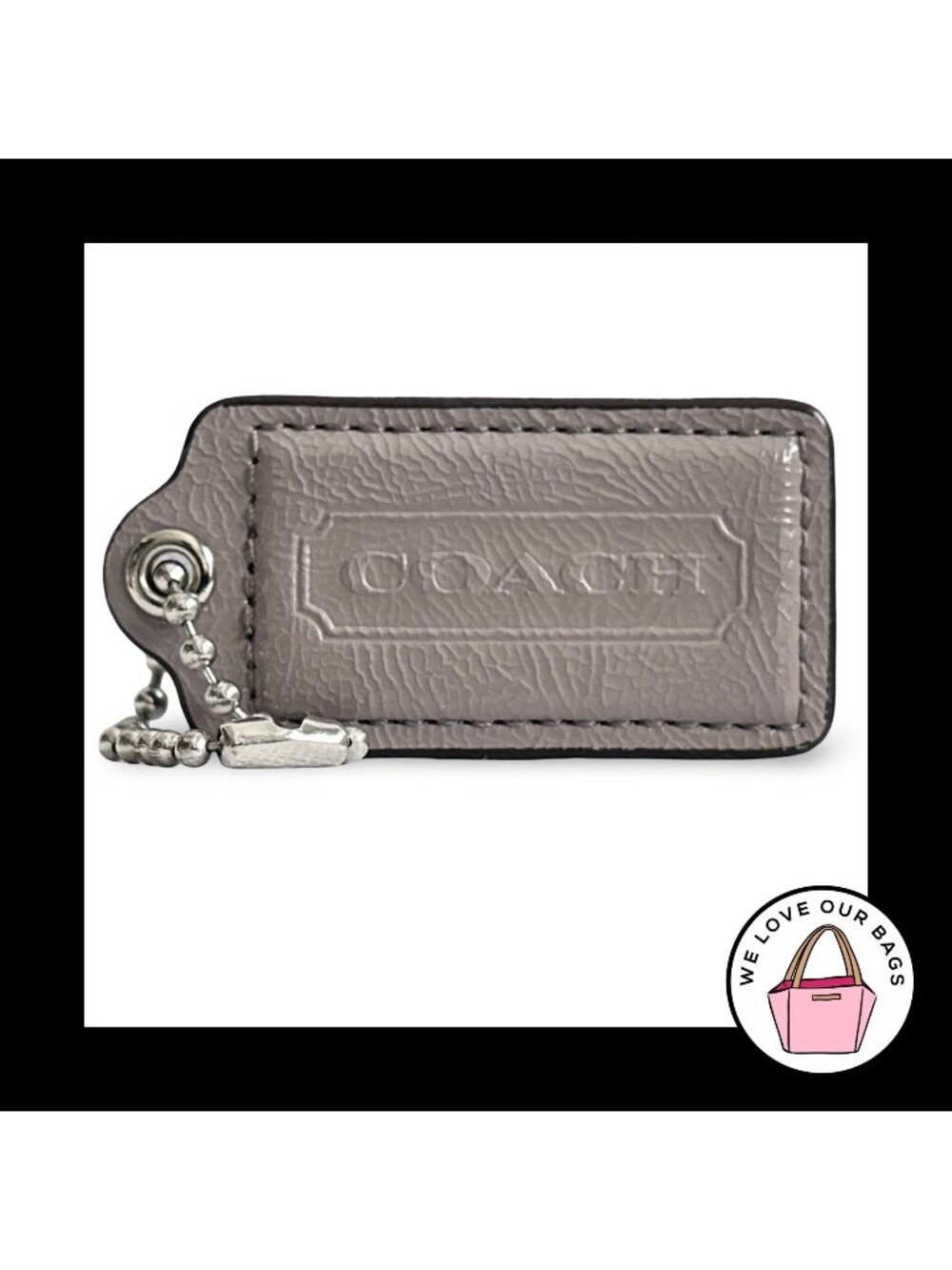COACH HANG TAG 2.5" Taupe Gray Patent Leather Bag Charm Keychain Fob Large